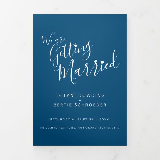 青い白の結婚小さなハートのオールインワン 三つ折り招待状 (カバー)