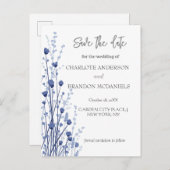 青い白の繊細なワイルドフラワー日付を保存 案内ポストカード (正面/裏面)