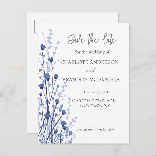 青い白の繊細なワイルドフラワー日付を保存 案内ポストカード (正面/裏面)