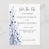 青い白の繊細なワイルドフラワー日付を保存 案内ポストカード (正面)