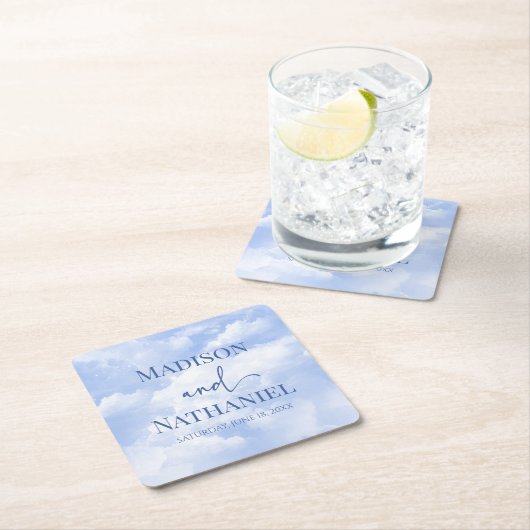 青い白の輝く雲の夢のようなエレガントな結婚式 スクエアペーパーコースター (インサイチュ)