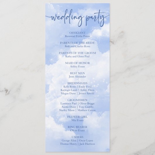 青い白の輝く雲の夢のようなエレガントな結婚式 プログラム (裏面)