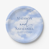 青い白の輝く雲の夢のようなエレガントな結婚式 ペーパープレート (正面)
