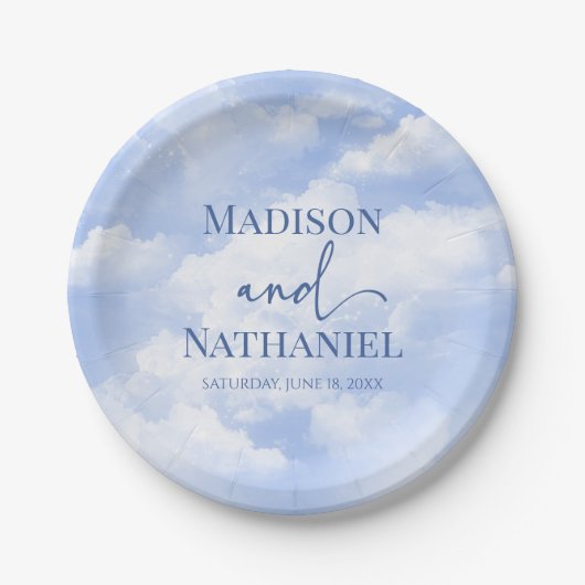 青い白の輝く雲の夢のようなエレガントな結婚式 ペーパープレート (正面)