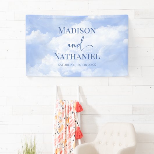 青い白の輝く雲の夢のようなエレガントな結婚式 横断幕 (インサイチュ)