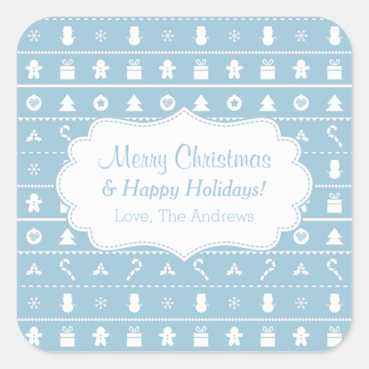青い白の醜いクリスマスセーターのアイコンのパターン スクエアシール (正面)
