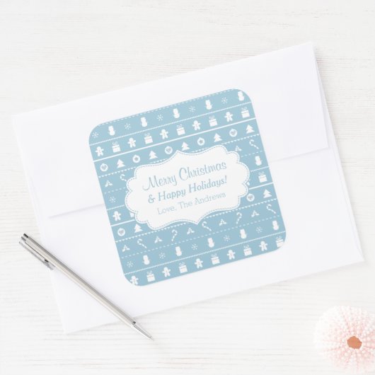 青い白の醜いクリスマスセーターのアイコンのパターン スクエアシール (封筒)