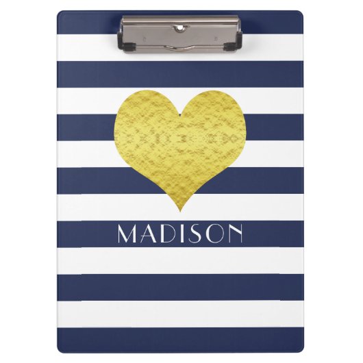 青い白の金ゴールドハートパターンあなたの名前 クリップボード (正面)