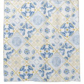 青い白の金ゴールド幾何学的なタイルChinoiserie シャワーカーテン (正面)