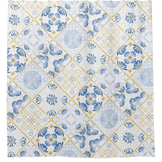 青い白の金ゴールド幾何学的なタイルChinoiserie シャワーカーテン (正面)