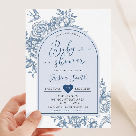 青い白の陳腐なヴィンテージ赤ちゃんシャワー 招待状