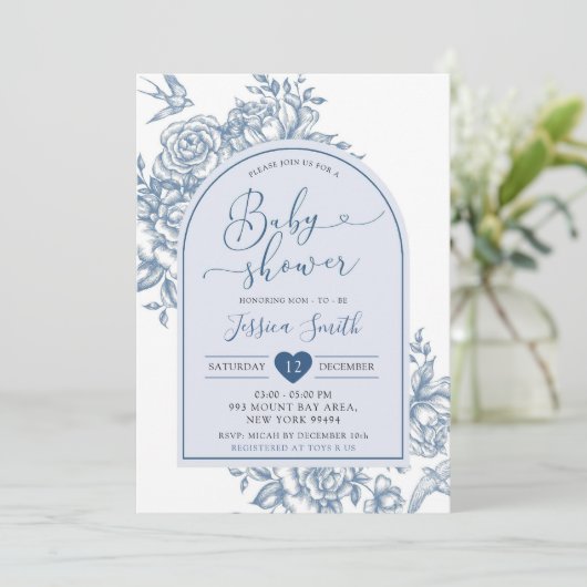 青い白の陳腐なヴィンテージ赤ちゃんシャワー 招待状 (スタンド正面)