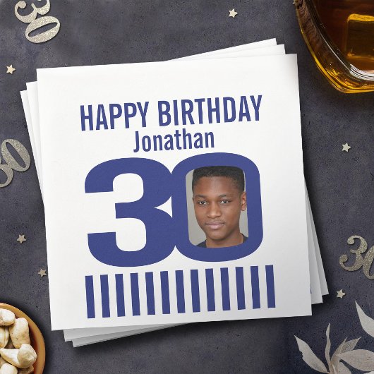 青い白の30th誕生日ストライプの写真を追加 スタンダードカクテルナプキン