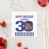 青い白の30th誕生日ストライプの写真を追加 スタンダードカクテルナプキン (インサイチュ)