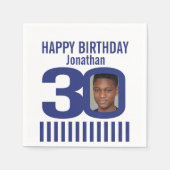 青い白の30th誕生日ストライプの写真を追加 スタンダードカクテルナプキン (正面)