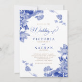 青い白のChinoiserieと写真フローラ結婚の 招待状 (正面)