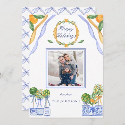 青い白のChinoiserieオレンジ色のクリスマスフォト シーズンカード (正面/裏面)