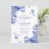 青い白のChinoiserieフローラ(写真結婚付) 招待状 (スタンド正面)