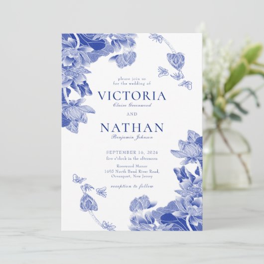 青い白のChinoiserieフローラ(写真結婚付) 招待状 (スタンド正面)