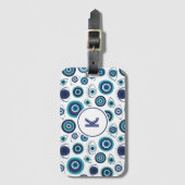 青い白ギリシャの邪悪な目のパターンのモノグラム ラゲッジタグ (正面縦)