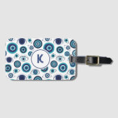 青い白ギリシャの邪悪な目のパターンのモノグラム ラゲッジタグ (正面横)