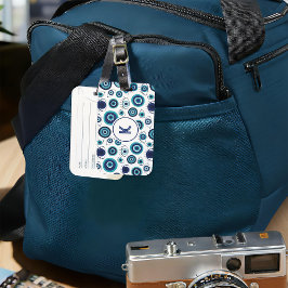 青い白ギリシャの邪悪な目のパターンのモノグラム ラゲッジタグ