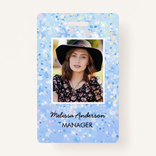 青い白スパークルスタッフ従業員の写真IDバッジ バッジ (正面)