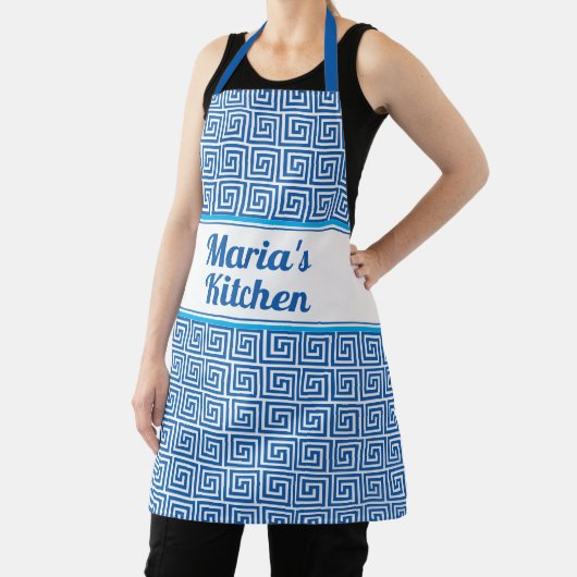 青い白パーソナライズされたいギリシャ鍵古代蛇行 エプロン (インサイチュ)