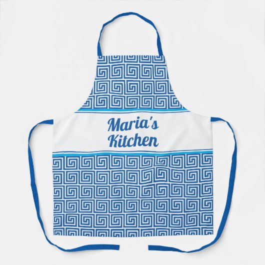 青い白パーソナライズされたいギリシャ鍵古代蛇行 エプロン (正面)