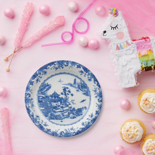 青い白フェイク磁器の流れ中華柳 ペーパープレート (パーティー)