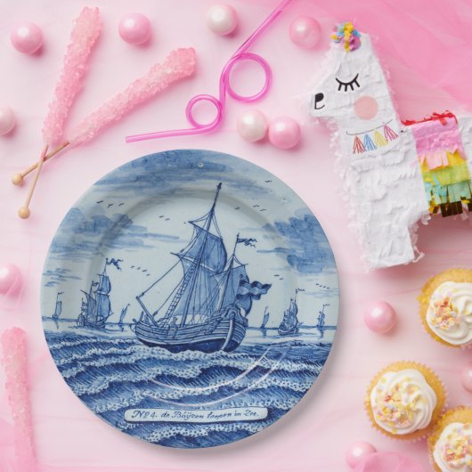 青い白フェイク磁器の陶器の夏船 ペーパープレート (パーティー)