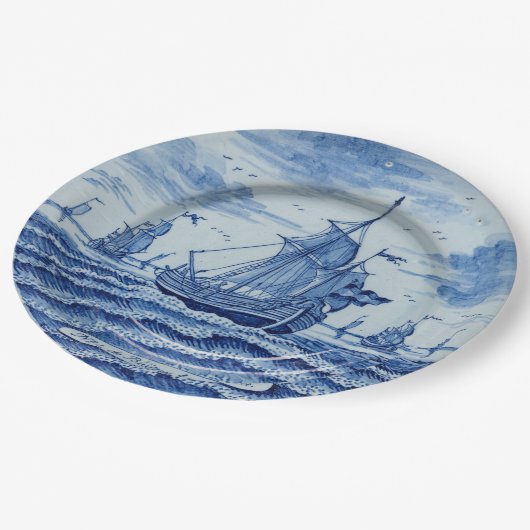 青い白フェイク磁器の陶器の夏船 ペーパープレート (アングル)