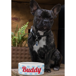 青い白市松模様に犬子猫の名前レトロ食品 ボウル