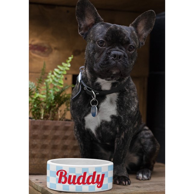 青い白市松模様に犬子猫の名前レトロ食品 ボウル (Blue White Checkered Dog Puppy Cat Name Retro Food Bowl)