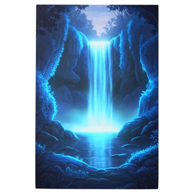 青い白熱［赤熱］光を放つ滝 – ファンタジーグロー メタルプリント (正面)