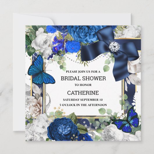青い白王室のいグリッター蝶 招待状 (正面)
