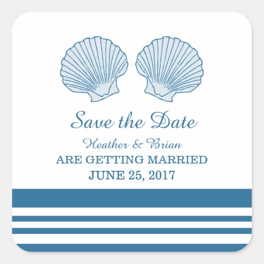 青い白航海のい貝殻の日付を保存 スクエアシール (正面)