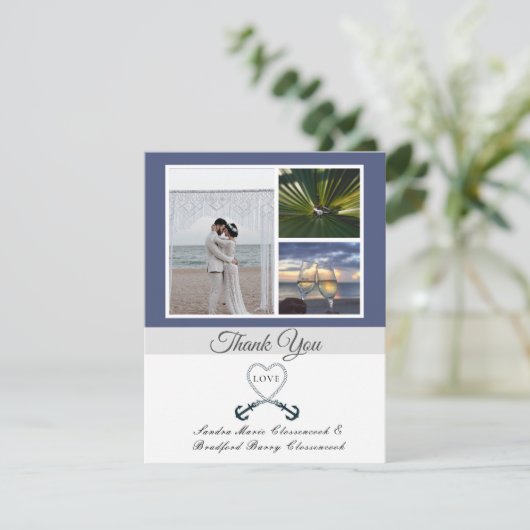 青い白航海のハート結婚いかり サンキューカード (スタンド正面)