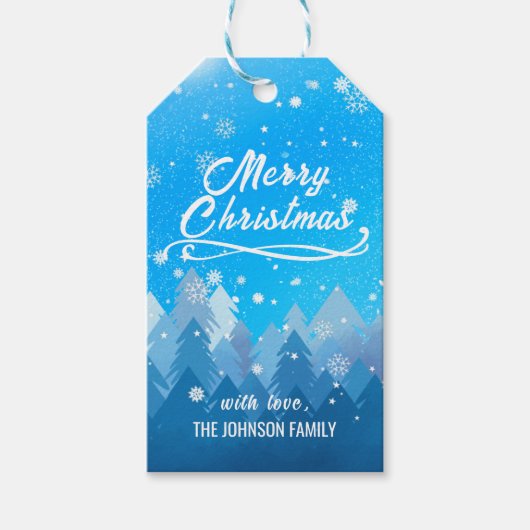 青い白雪平和な森メリークリスマス ギフトタグ (正面)