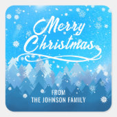 青い白雪平和な森メリークリスマス スクエアシール (正面)