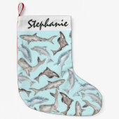 青い白黒の灰色の大洋性の水彩画の魚 スモールクリスマスストッキング (正面)
