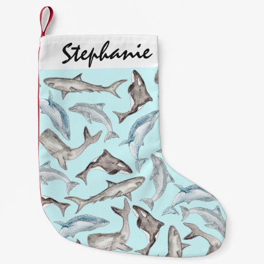 青い白黒の灰色の大洋性の水彩画の魚 スモールクリスマスストッキング (正面)
