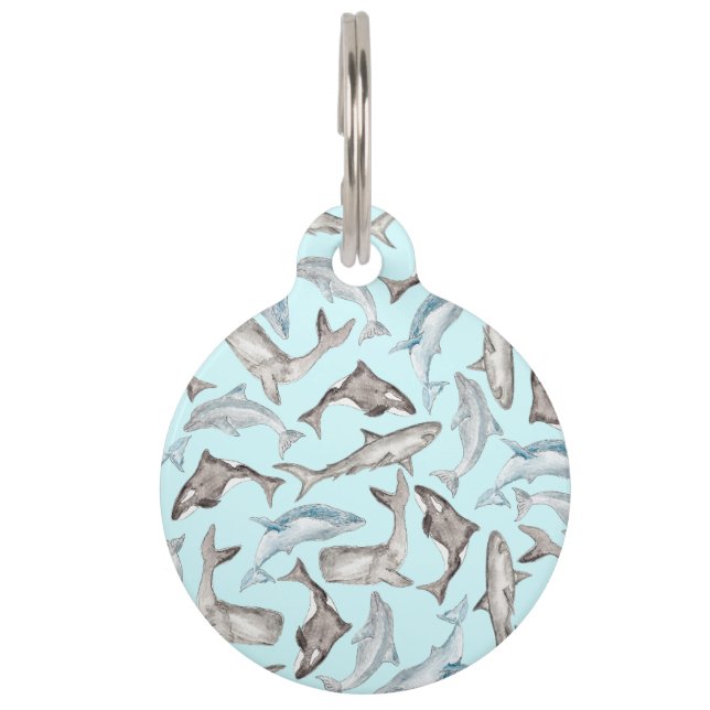 青い白黒の灰色の大洋性の水彩画の魚 ペット　ネームタグ (裏面)