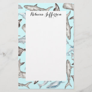 青い白黒の灰色の大洋性の水彩画の魚 便箋