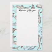 青い白黒の灰色の大洋性の水彩画の魚 便箋 (正面/裏面)