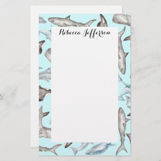 青い白黒の灰色の大洋性の水彩画の魚 便箋 (正面/裏面)