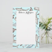 青い白黒の灰色の大洋性の水彩画の魚 便箋 (スタンド正面)