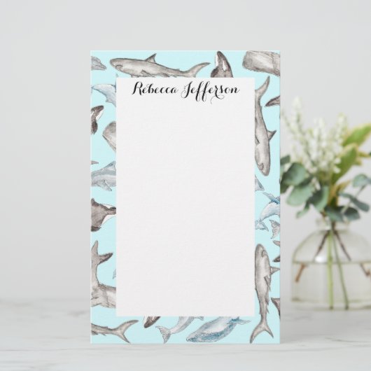 青い白黒の灰色の大洋性の水彩画の魚 便箋 (スタンド正面)