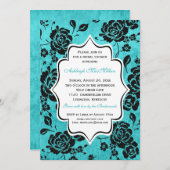 青い白黒の花のダマスク織のブライダルシャワー 招待状 (正面/裏面)