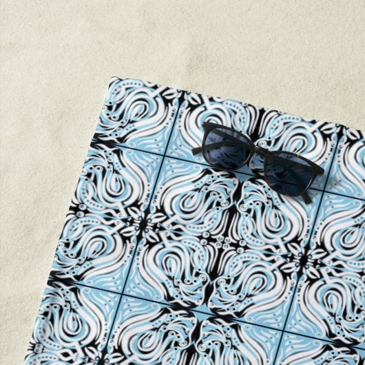 青い白黒カーリー抽象芸術繰り返しパターン ビーチタオル (インサイチュ)